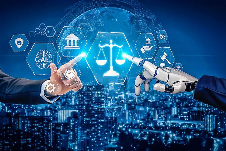 Mano humana y mano robótica señalan íconos de gobierno, justicia e inteligencia artificial
